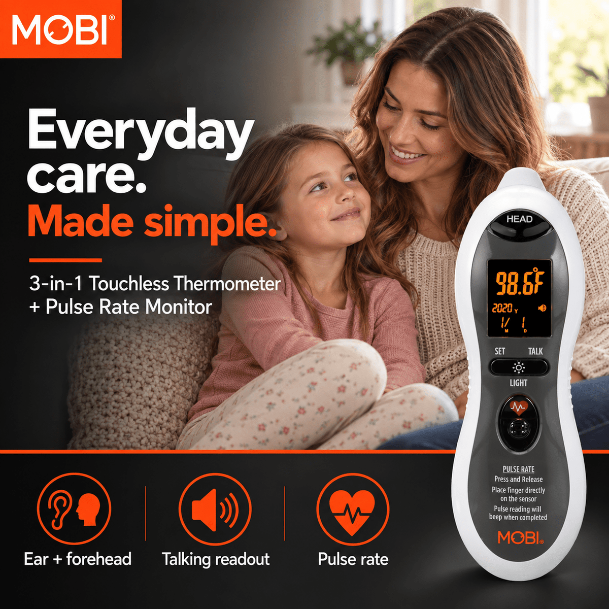 MOBI DualScan Ultra Pulse Ear & Forehead Talking Thermometer + Pulse Rate Monitor - MOBI USA