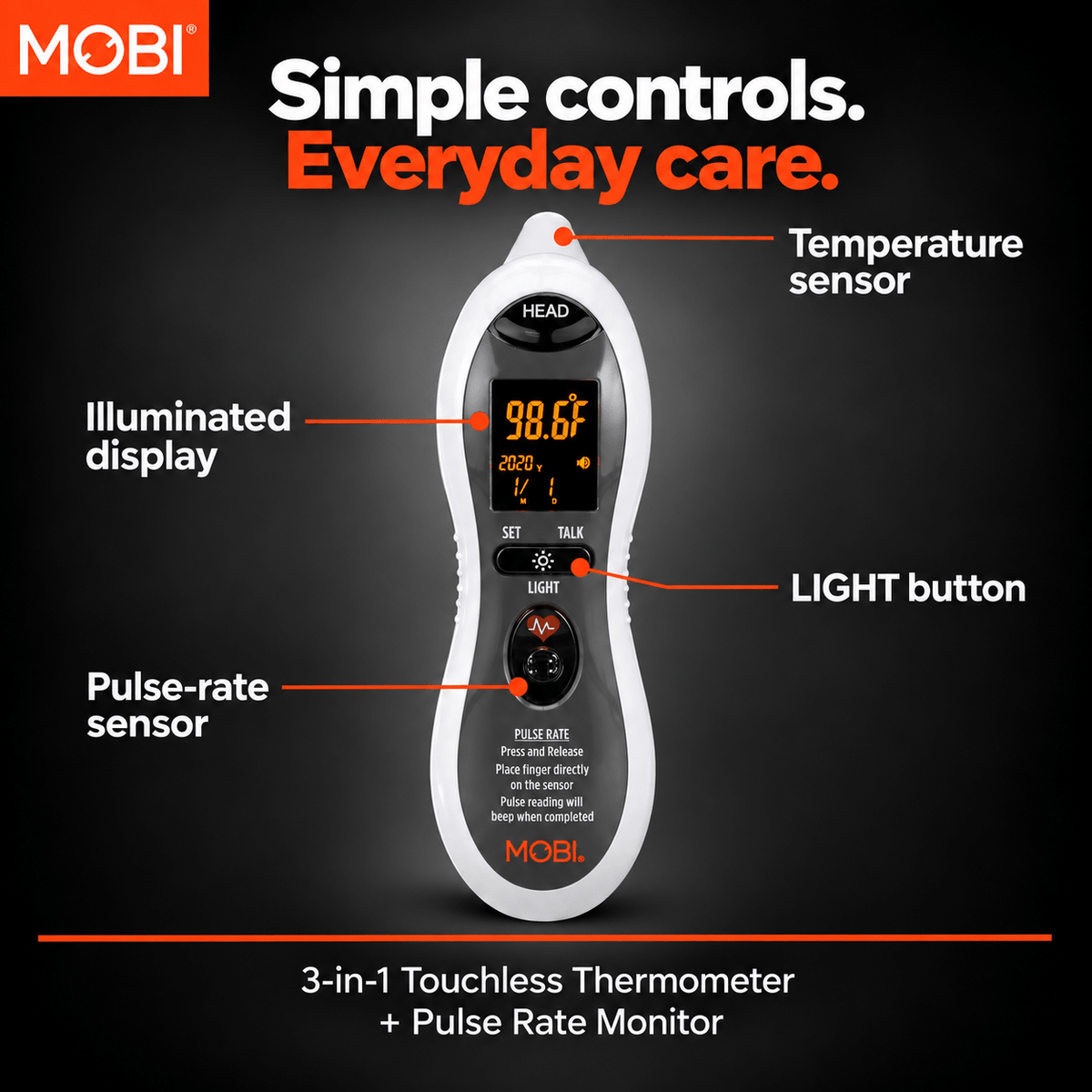 MOBI DualScan Ultra Pulse Ear & Forehead Talking Thermometer + Pulse Rate Monitor - MOBI USA