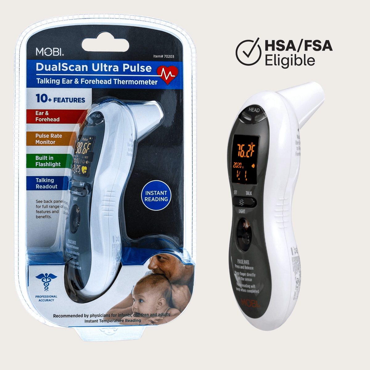 DualScan Ultra Pulse Ear & Forehead Talking Thermometer with Fingertip Pulse Rate Monitor - MOBI USA