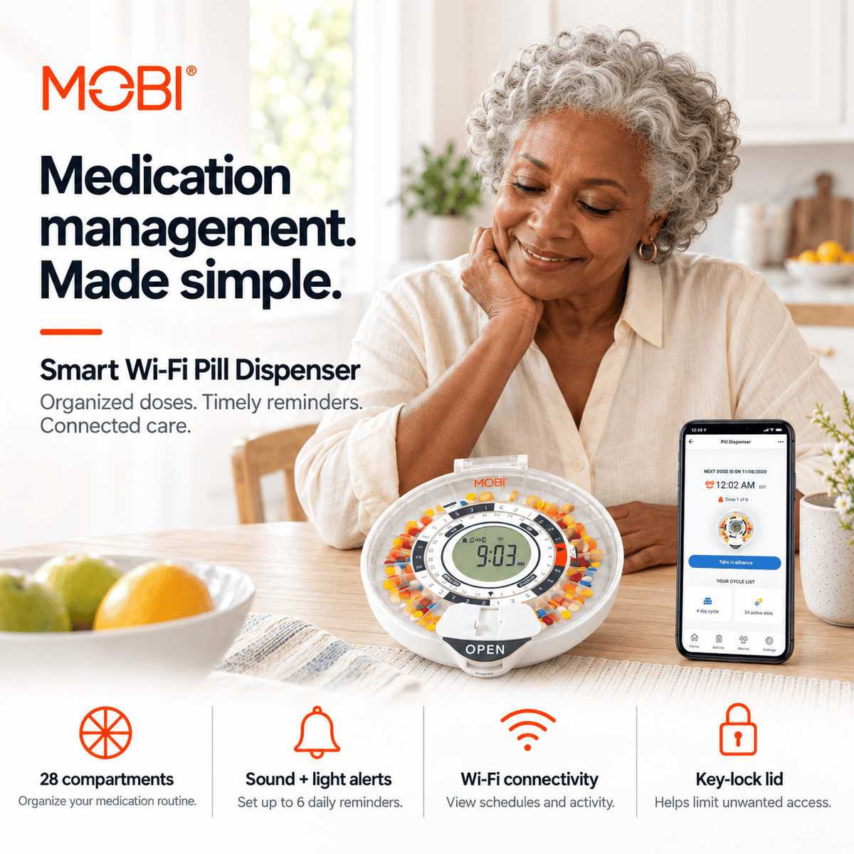MOBI Smart Dual Band Wi-Fi Pill/Medication Dispenser With 28 Day Capacity - MOBI USA