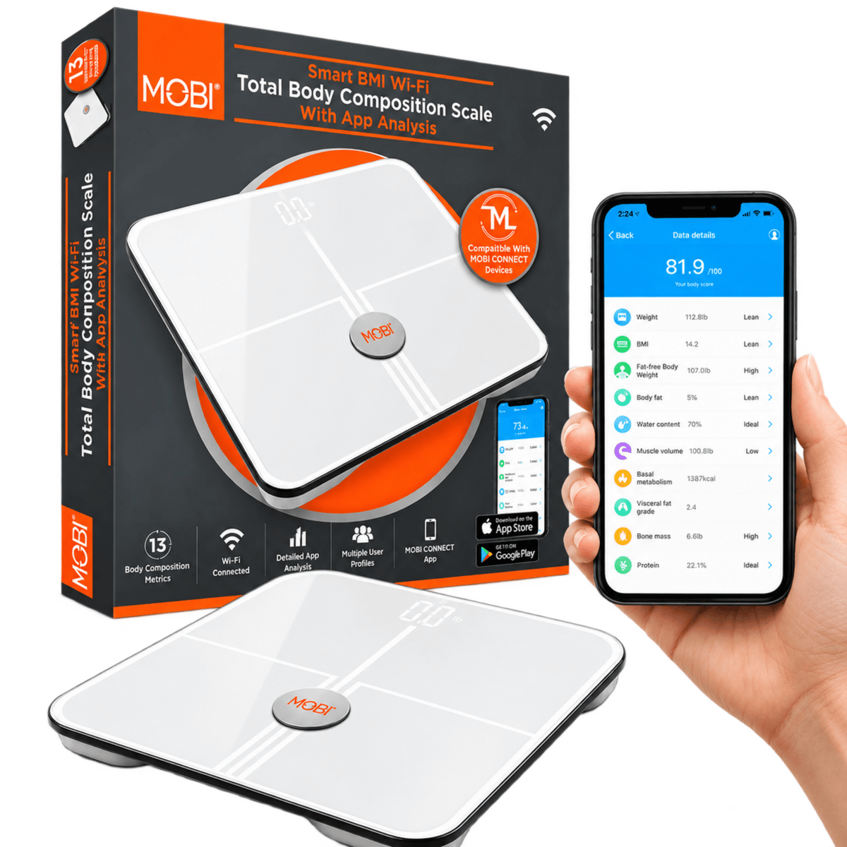 MOBI Smart Wi-Fi Scale BMI Total Body Composition 18 Total Body Measurements - MOBI USA